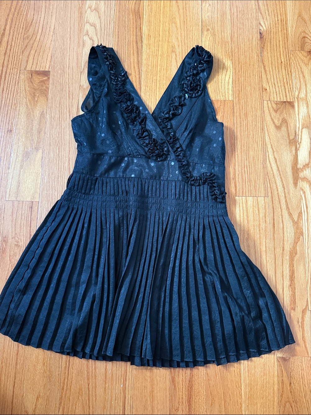 Black Pleated V-Neck Ruffle Detail Dress
